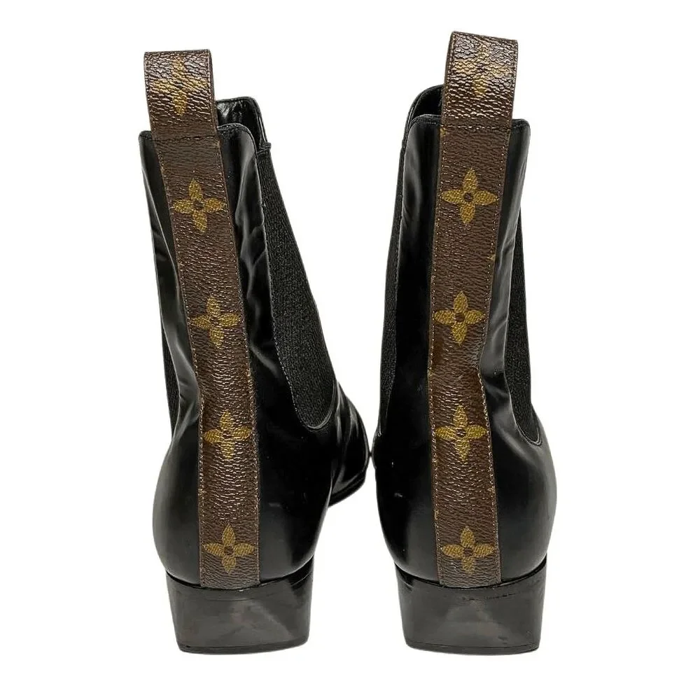 Louis Vuitton Monogram Pointed Toe Chelsea Ankle Boot Heels Black Leather EU 37